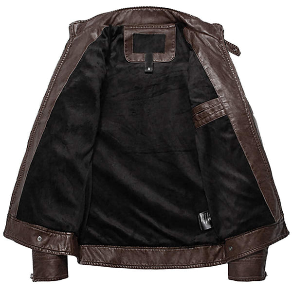 WULFUL Men's Vintage Stand Collar Leather Jacket