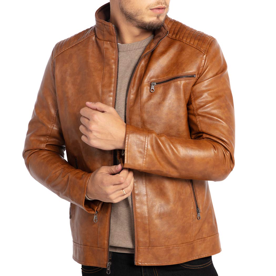WULFUL Men's Stand Collar Leather Jacket