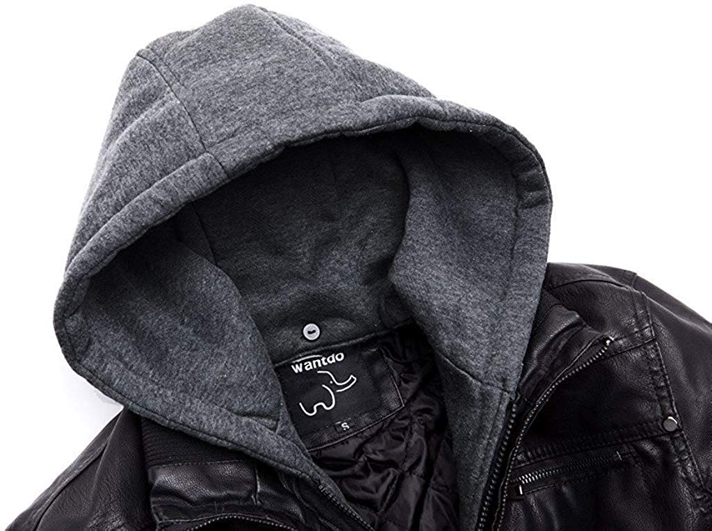 Wantdo Men's Faux Leather Jacket with Removable Hood