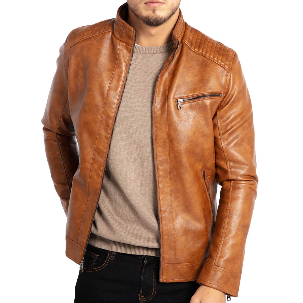 WULFUL Men's Stand Collar Leather Jacket