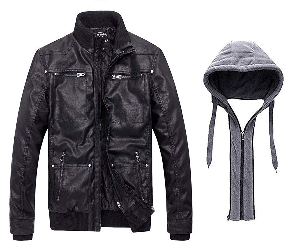Wantdo Men's Faux Leather Jacket with Removable Hood