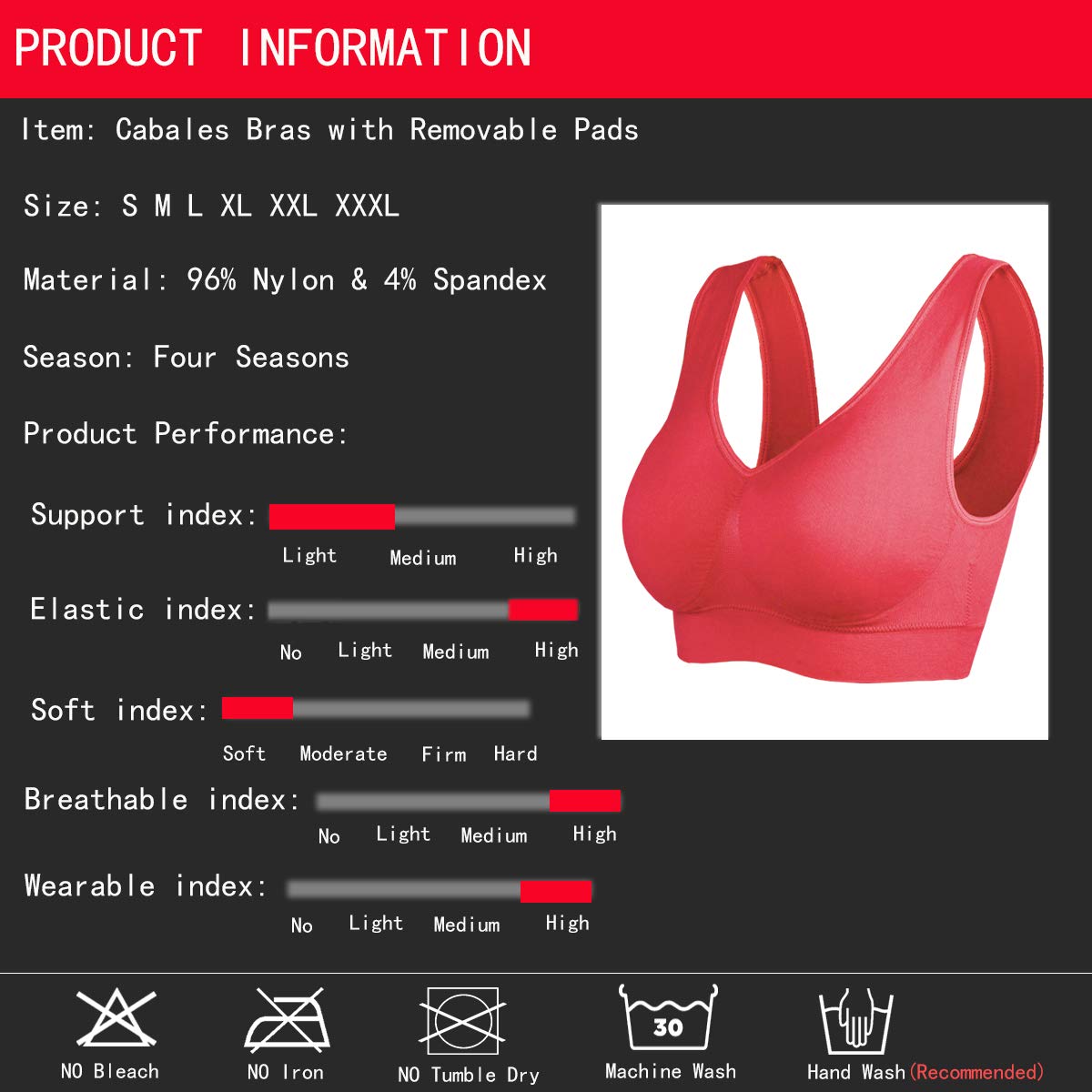 Cabales Women's 3-Pack Seamless Wireless Sports Bra with Removable Pads