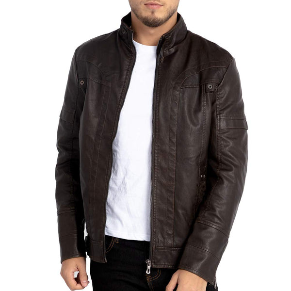 WULFUL Men's Vintage Stand Collar Leather Jacket