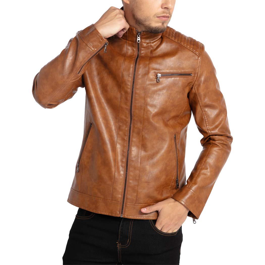 WULFUL Men's Stand Collar Leather Jacket