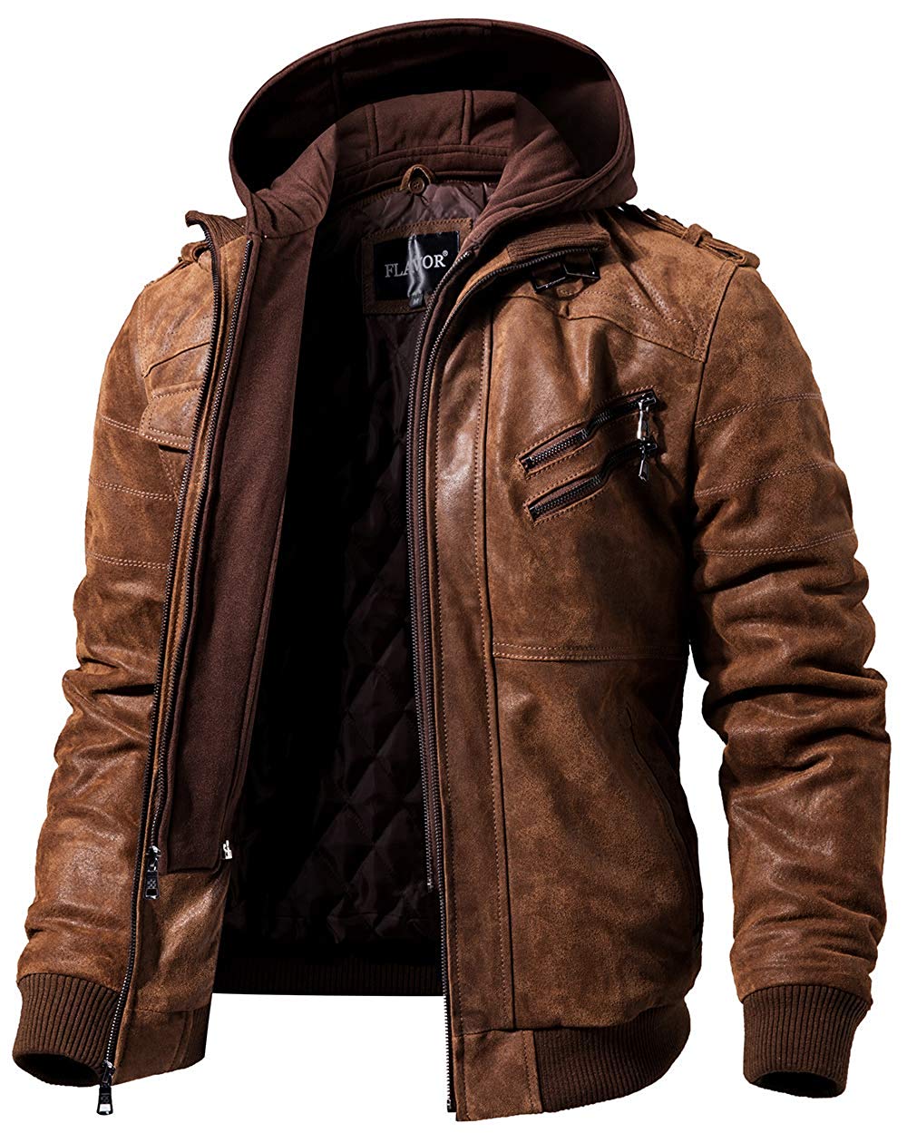 Men Brown Leather Motorcycle Jacket with Removable Hood