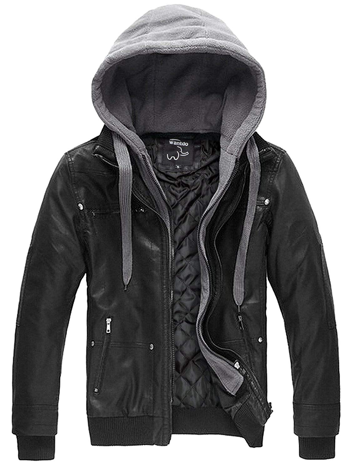 Wantdo Men's Faux Leather Jacket with Removable Hood