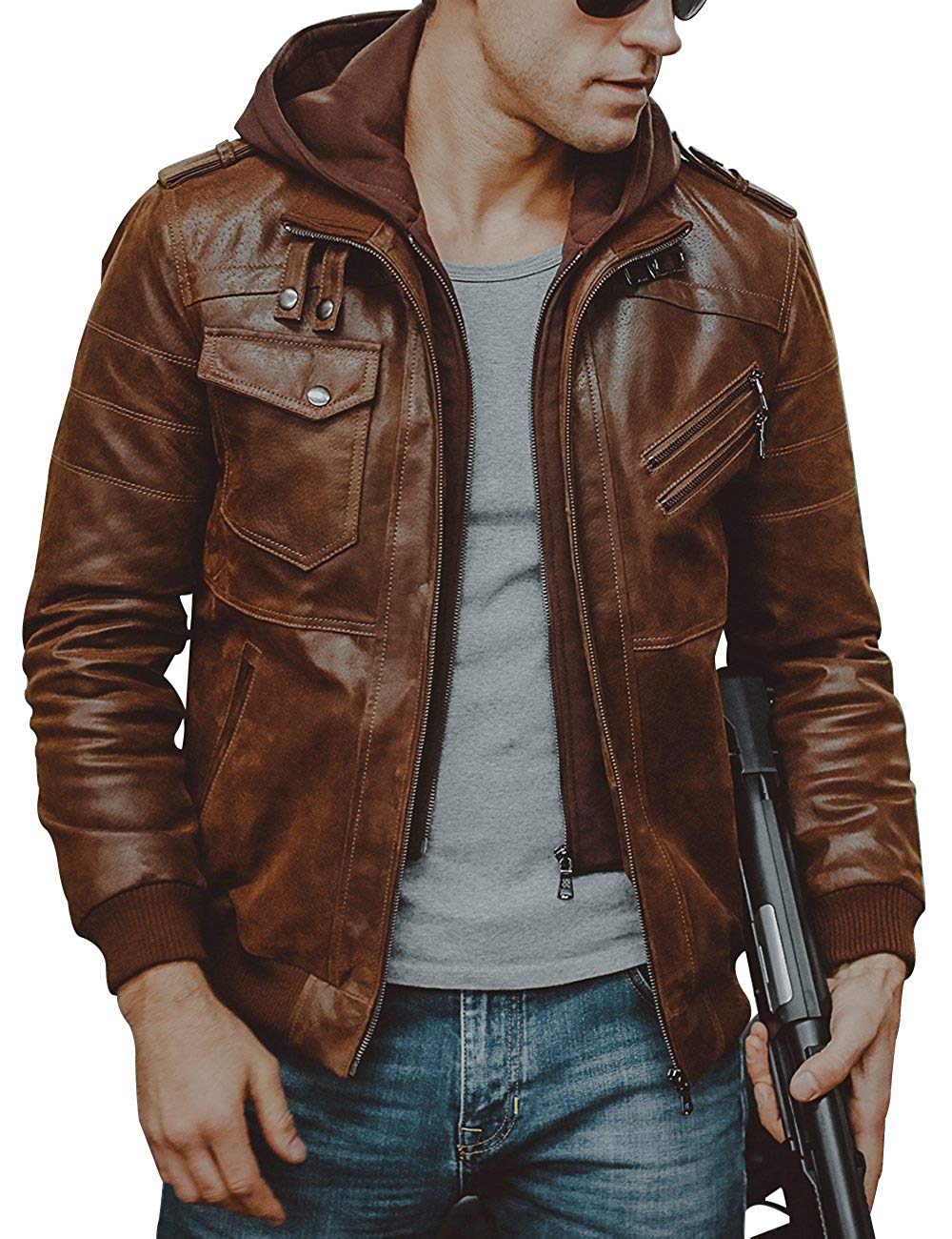 Men Brown Leather Motorcycle Jacket with Removable Hood