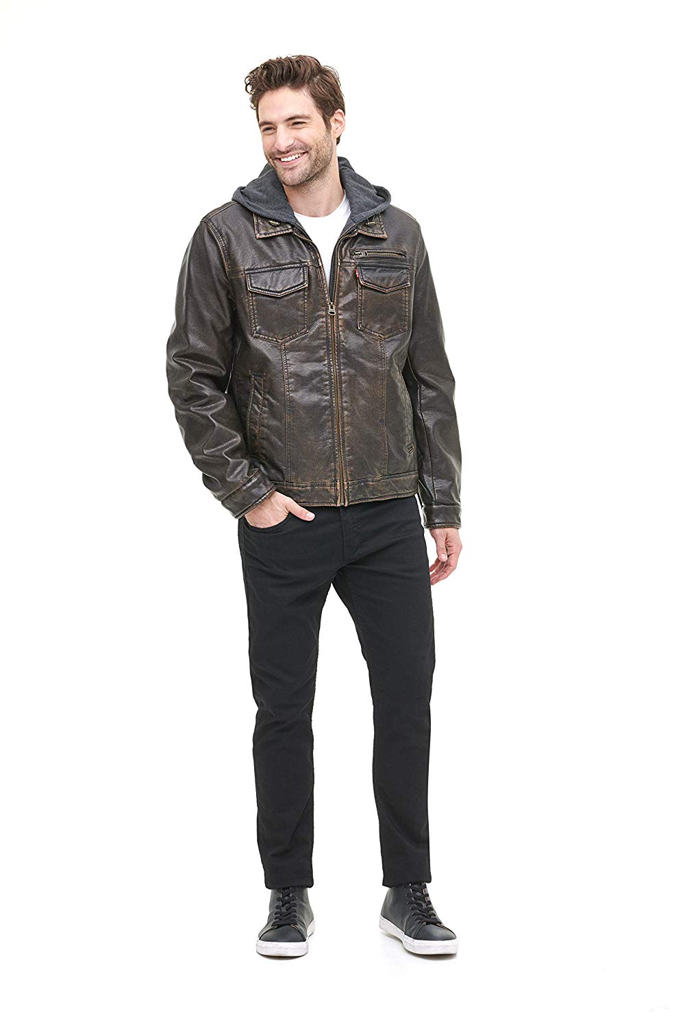 Levi's Men's Faux-Leather Two-Pocket Trucker Hoodie Jacket