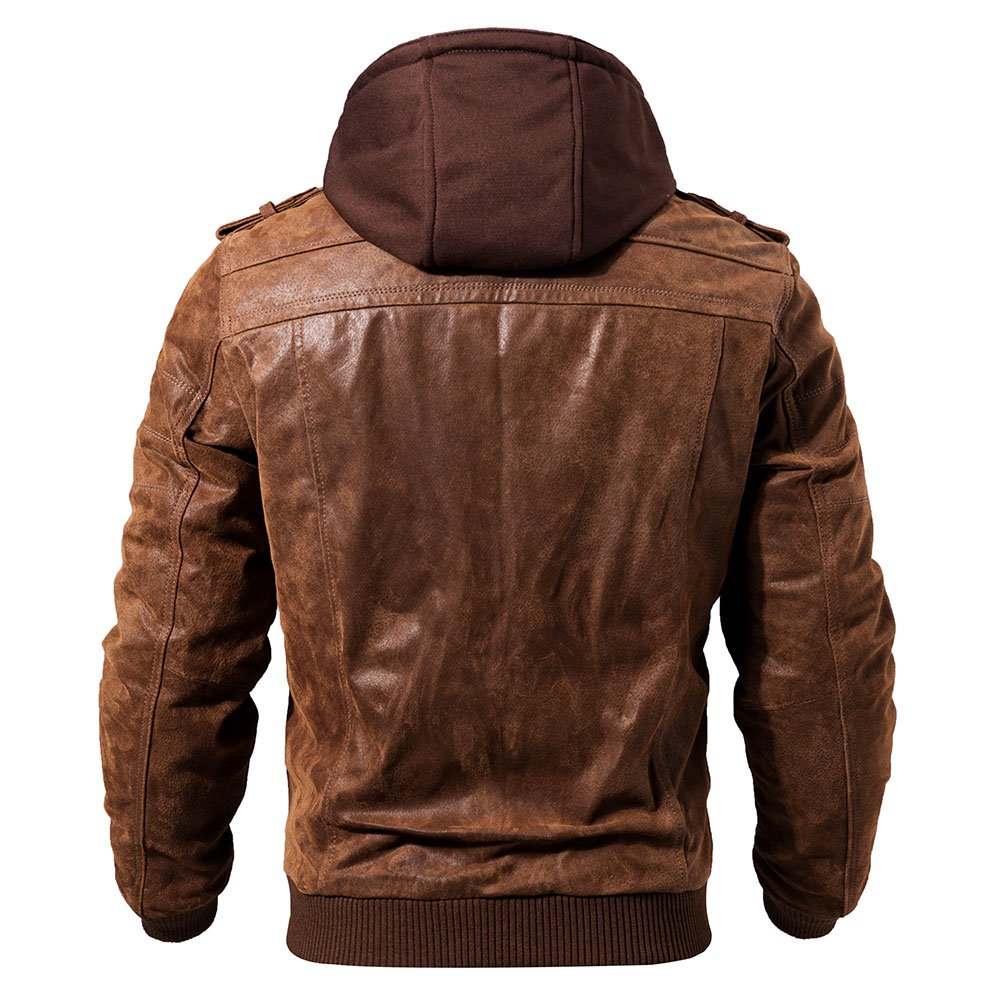 Men Brown Leather Motorcycle Jacket with Removable Hood
