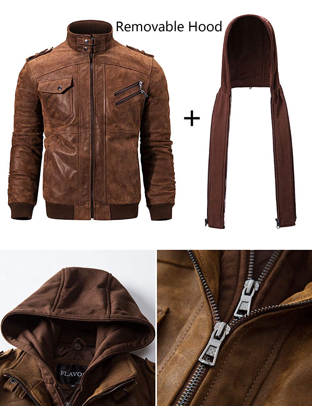 Men Brown Leather Motorcycle Jacket with Removable Hood