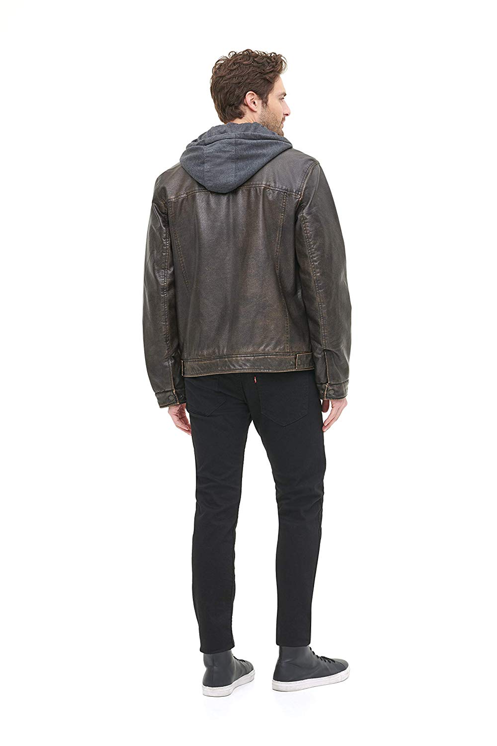 Levi's Men's Faux-Leather Two-Pocket Trucker Hoodie Jacket