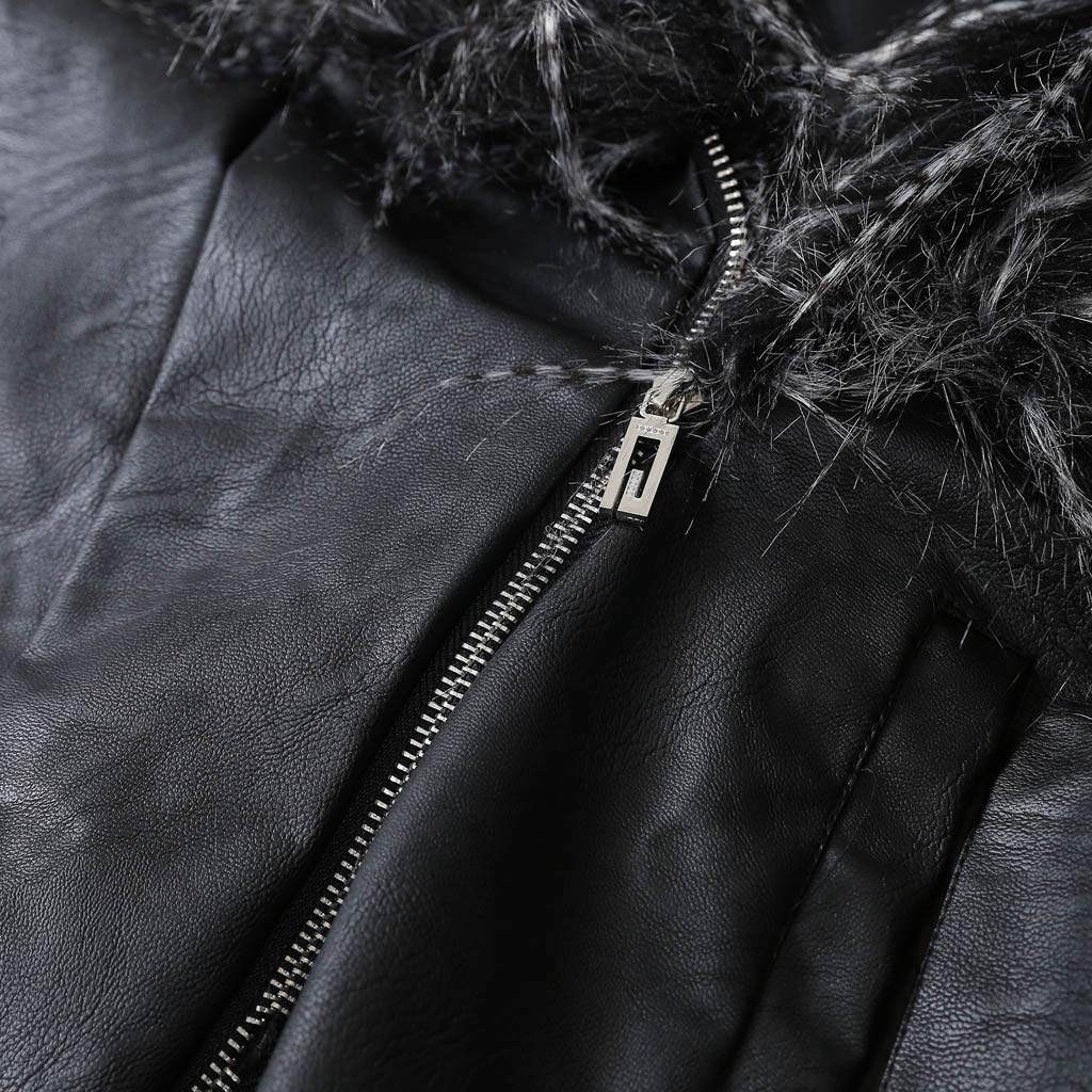 Mousmile Women Leather Jackets Fuzzy Collar Long Sleeve