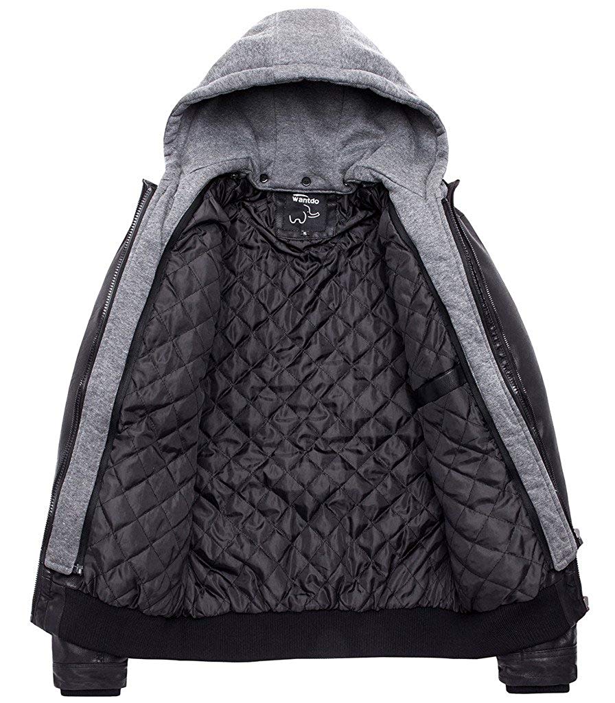 Wantdo Men's Faux Leather Jacket with Removable Hood