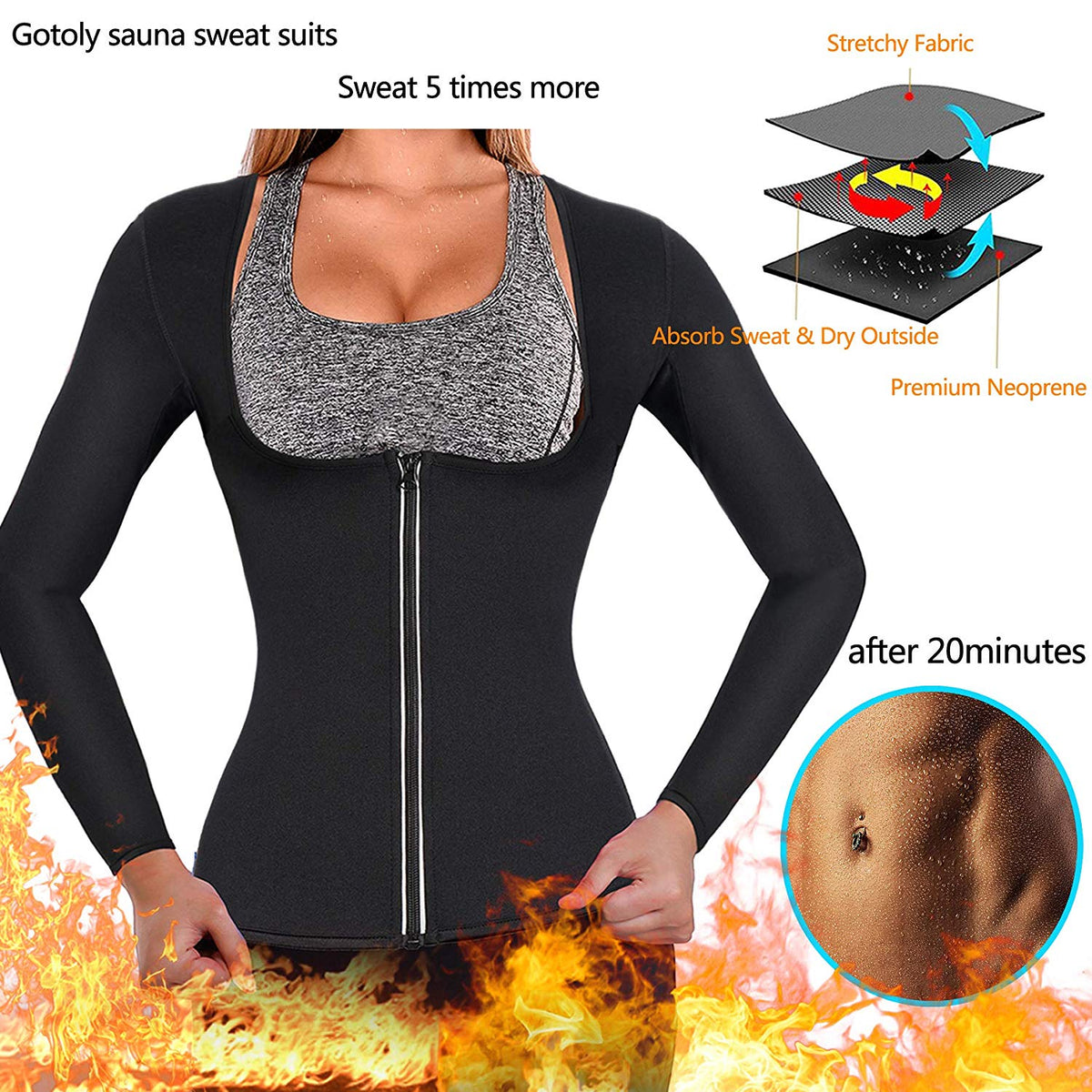 Gotoly Women Waist Trainer Hot Neoprene Shirt Sauna Suit Sweat Body Shaper Jacket Top Zipper Long Sleeve