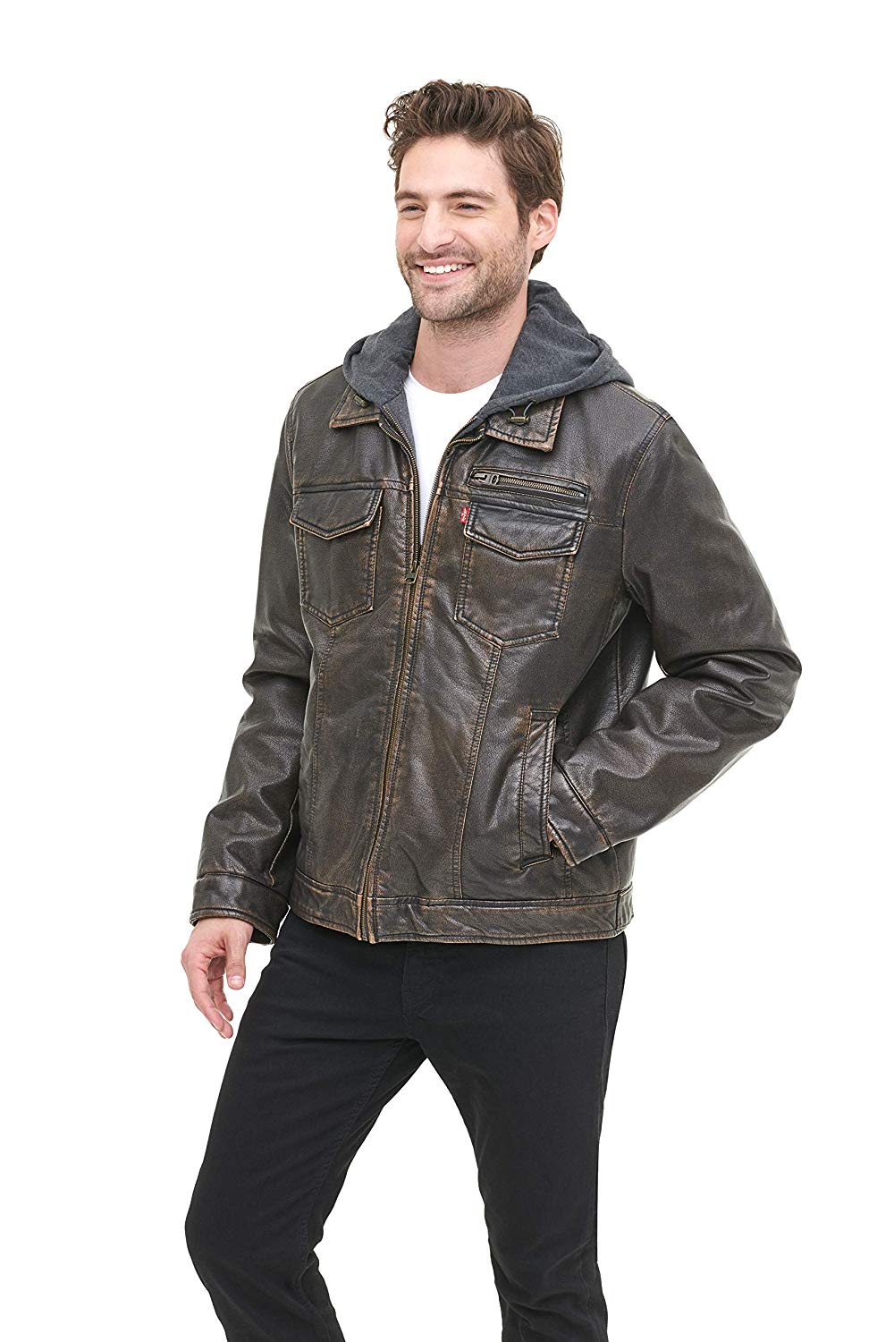Levi's Men's Faux-Leather Two-Pocket Trucker Hoodie Jacket