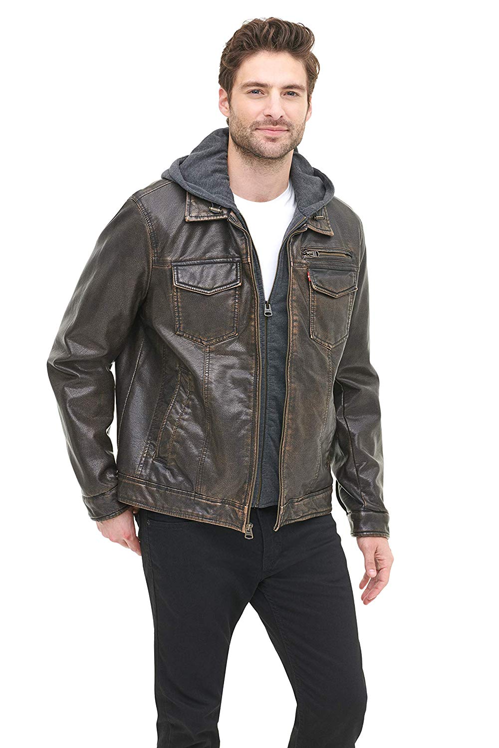 Levi's Men's Faux-Leather Two-Pocket Trucker Hoodie Jacket