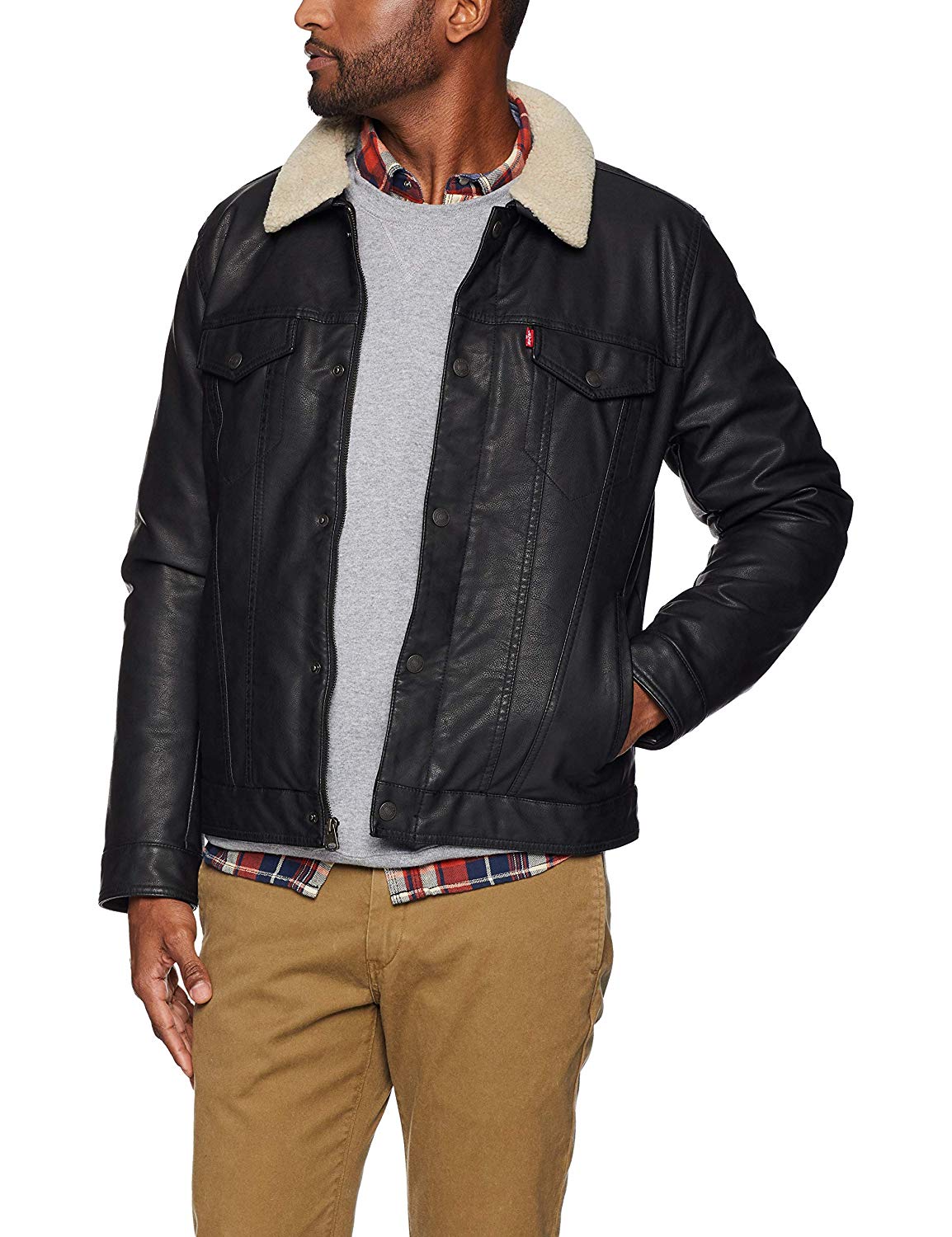 Levi's Men's Faux Leather Sherpa Lined Trucker Jacket