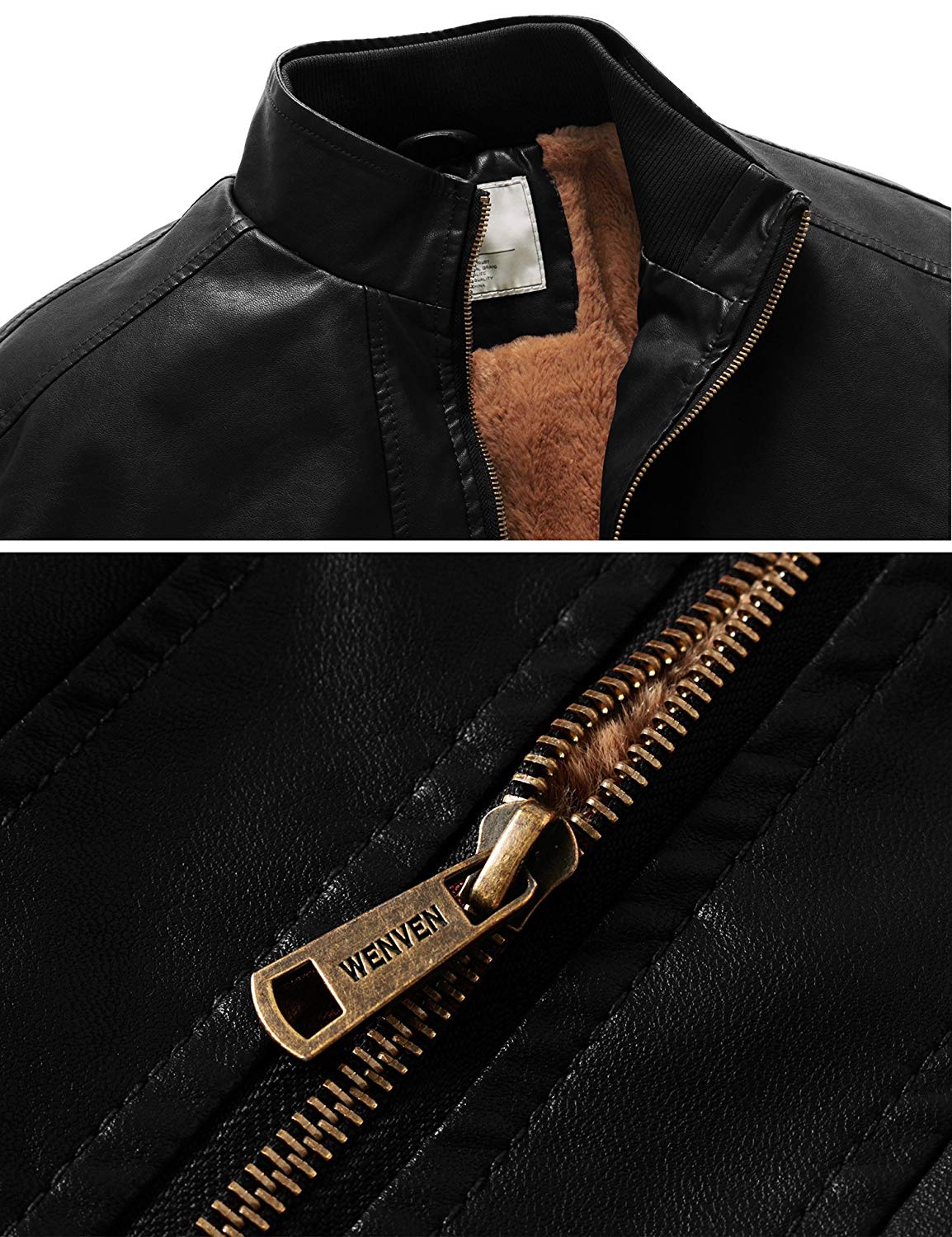 WenVen Men's Winter Stand Collar Moto Bomber Faux Leather Jackets