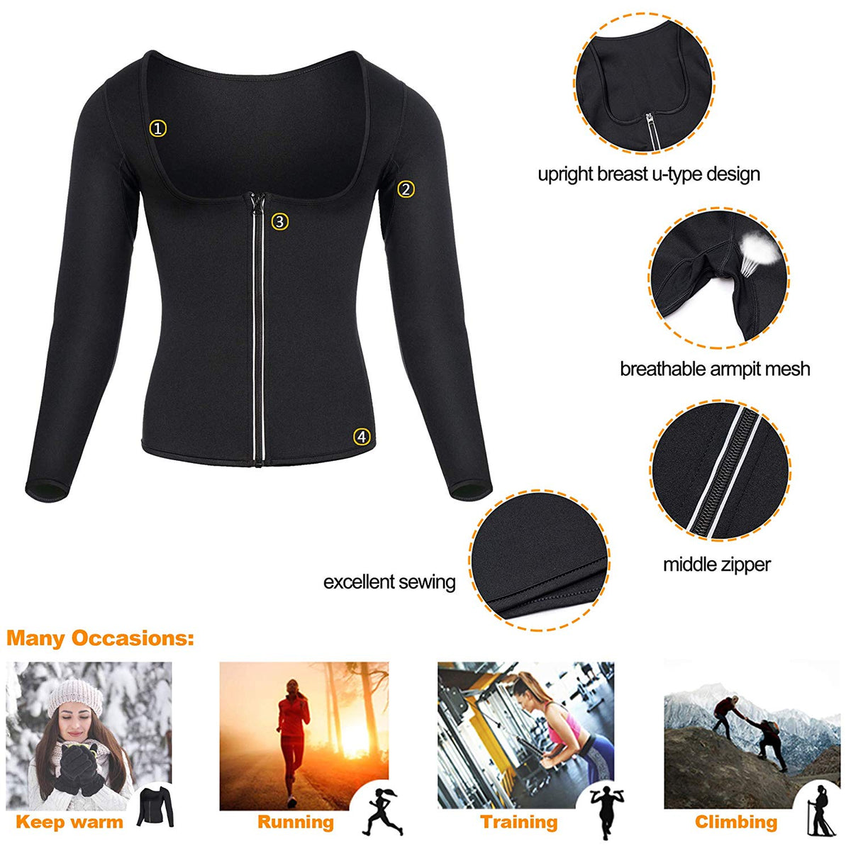 Gotoly Women Waist Trainer Hot Neoprene Shirt Sauna Suit Sweat Body Shaper Jacket Top Zipper Long Sleeve