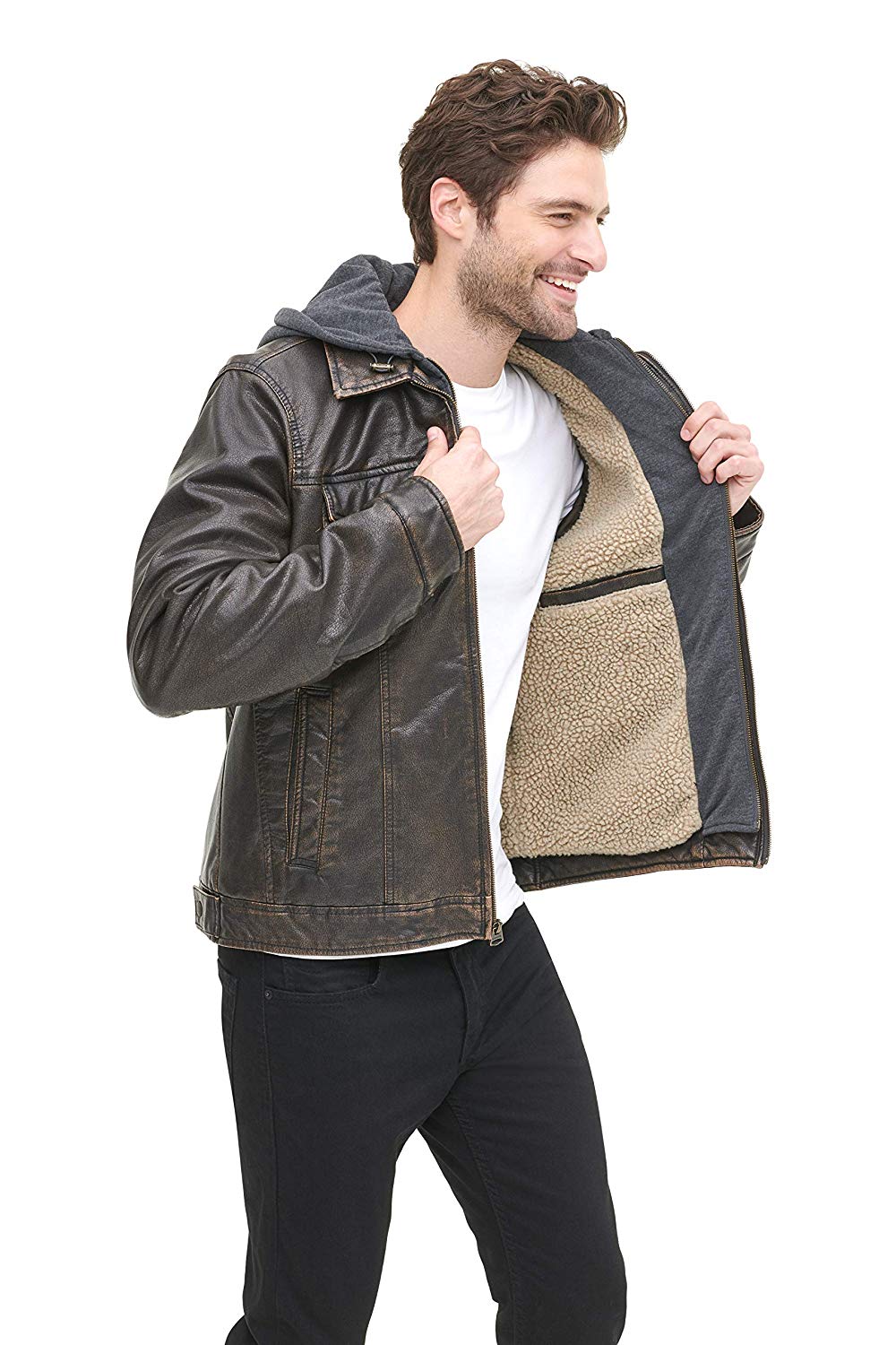 Levi's Men's Faux-Leather Two-Pocket Trucker Hoodie Jacket