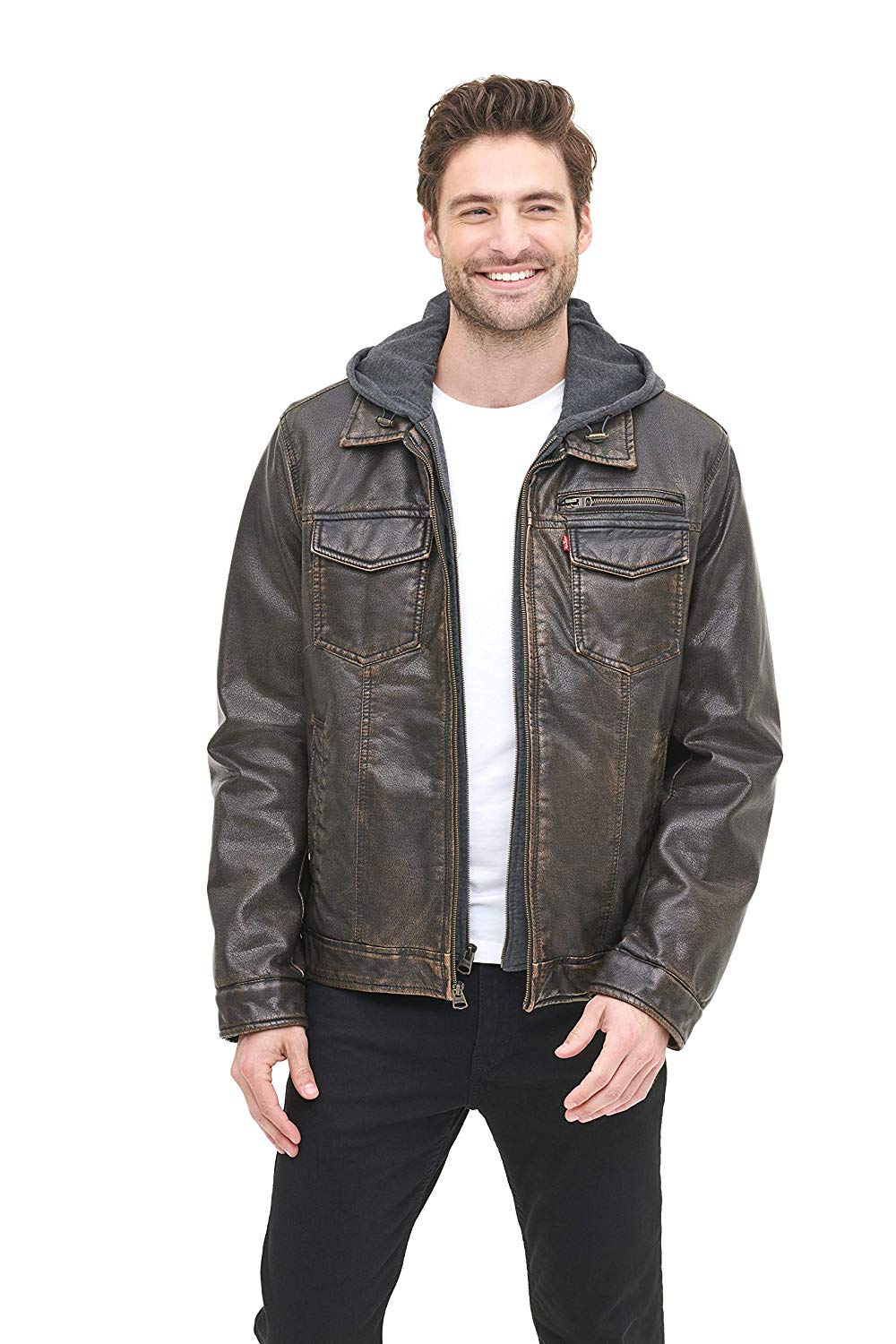 Levi's Men's Faux-Leather Two-Pocket Trucker Hoodie Jacket