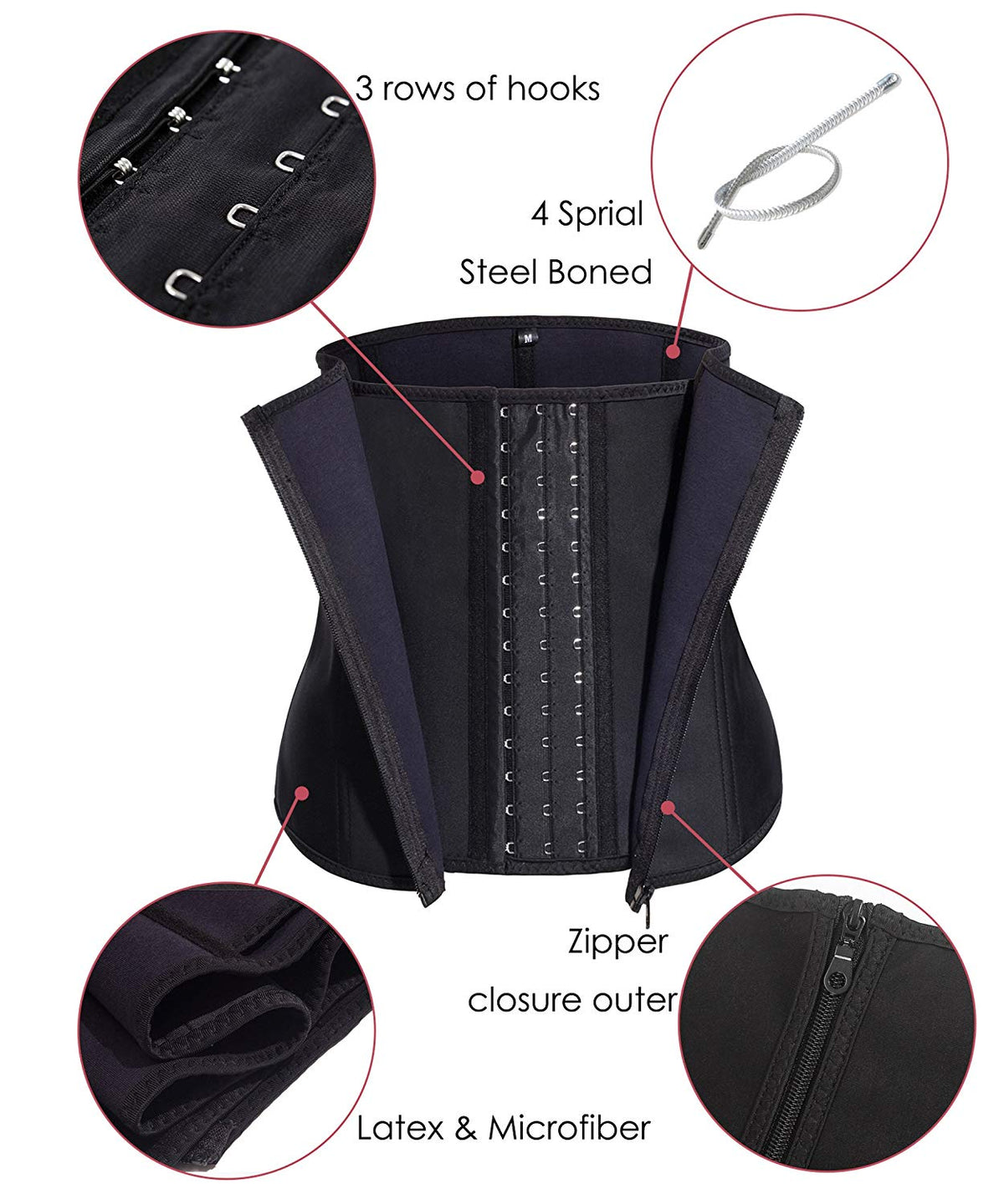 Gotoly Women Latex Waist Trainer Corset Zipper Underbust Cincher Belt Weight Loss Body Shaper