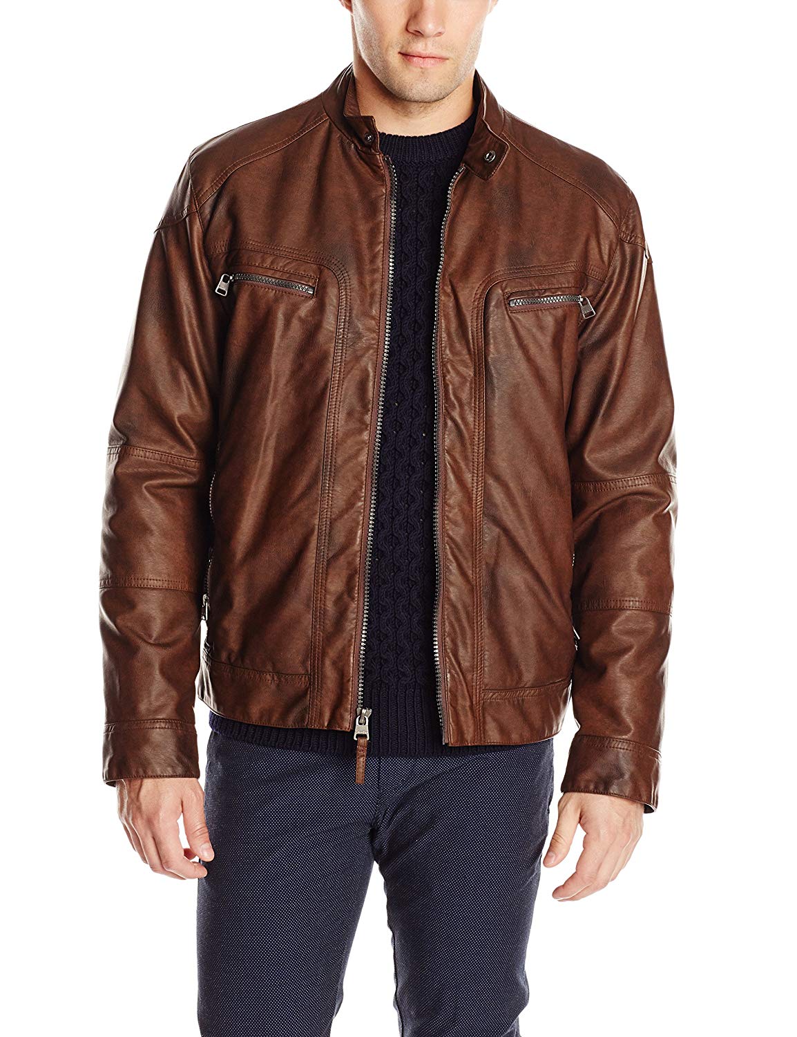 Calvin Klein Men's Faux-Leather Moto Jacket with Hoodie