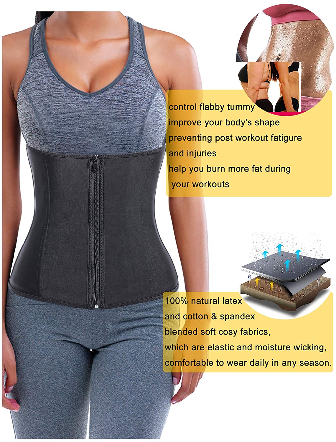 Gotoly Women Latex Waist Trainer Corset Zipper Underbust Cincher Belt Weight Loss Body Shaper