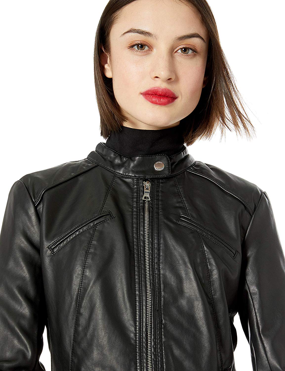 GUESS Women's Faux Leather Zip Front Scuba Jacket